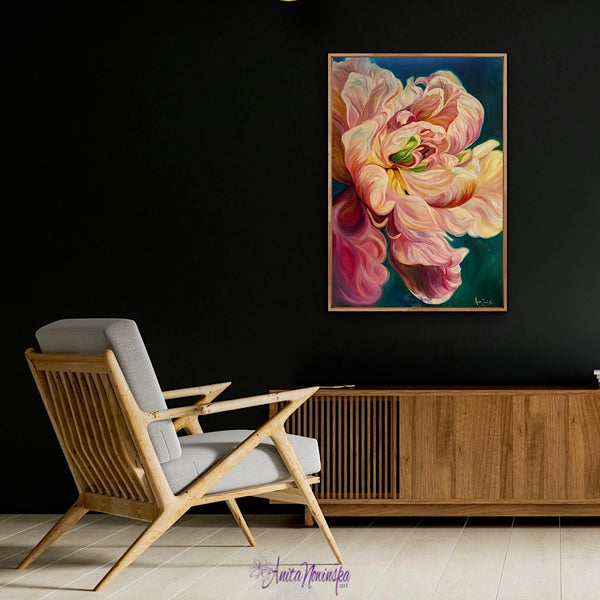 beautiful big flower painting of a le belle epoque tulip in full bloom by anita nowinska with warm gold pink and magenta tones