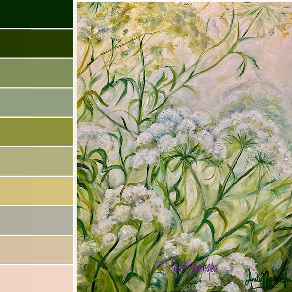 green white and pink colour palette for Anita Nowinska painting of cow parsley in a wildflower meadow