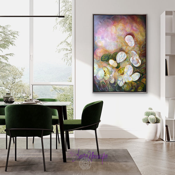 honesty big flower seed head painting on canvas by anita nowinska of glowing seed heads in sunlight with a bokeh bacjground