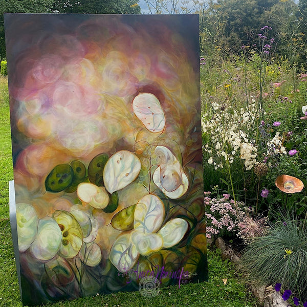 honesty big flower seed head painting on canvas by anita nowinska of glowing seed heads in sunlight with a bokeh bacjground