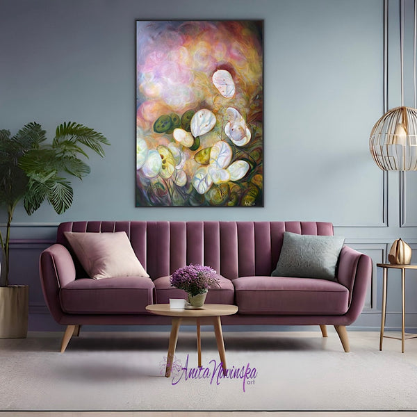 honesty big flower seed head painting on canvas by anita nowinska of glowing seed heads in sunlight with a bokeh bacjground