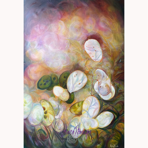 honesty big flower seed head painting on canvas by anita nowinska of glowing seed heads in sunlight with a bokeh bacjground