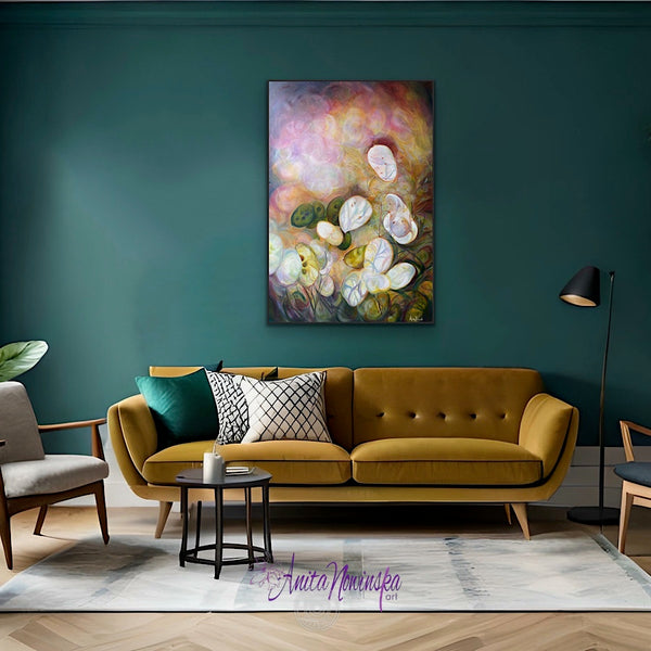 honesty big flower seed head painting on canvas by anita nowinska of glowing seed heads in sunlight with a bokeh bacjground
