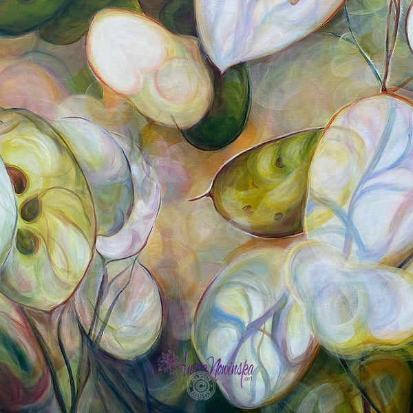 honesty big flower seed head painting on canvas by anita nowinska of glowing seed heads in sunlight with a bokeh bacjground