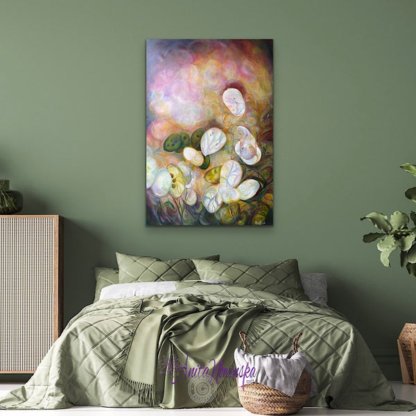 honesty big flower seed head painting on canvas by anita nowinska of glowing seed heads in sunlight with a bokeh bacjground