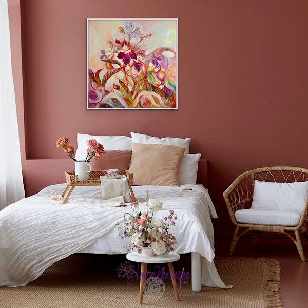 introspection semi abstract flower painting of autumn toned hydrangea by anita nowinska in magenta gold green and burnt orange