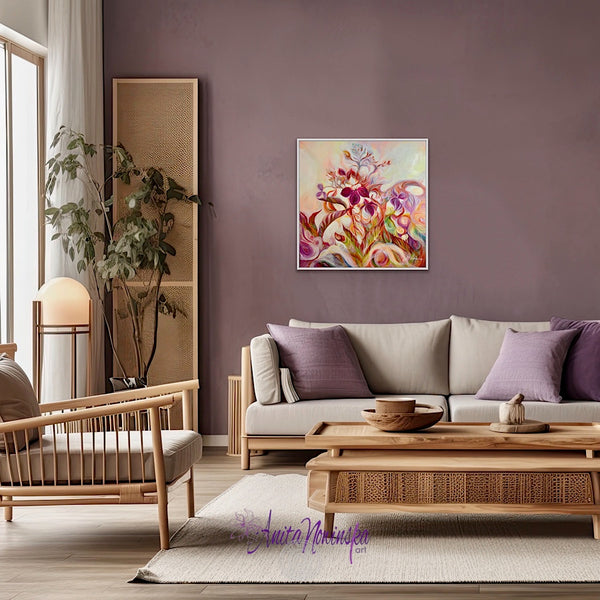 introspection semi abstract flower painting of autumn toned hydrangea by anita nowinska in magenta gold green and burnt orange