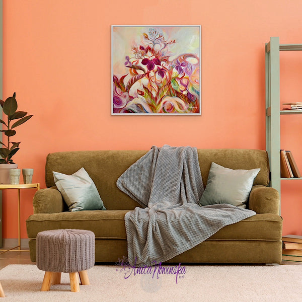introspection semi abstract flower painting of autumn toned hydrangea by anita nowinska in magenta gold green and burnt orange