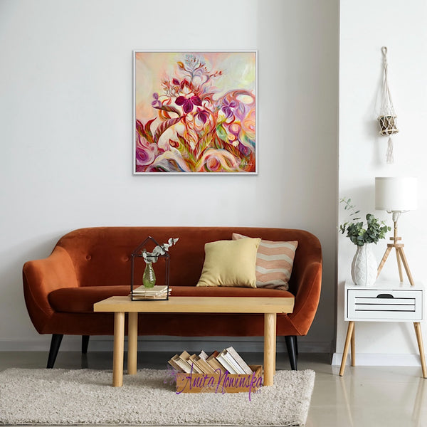 introspection semi abstract flower painting of autumn toned hydrangea by anita nowinska in magenta gold green and burnt orange