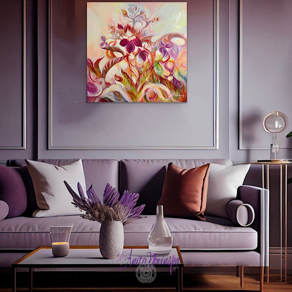 introspection semi abstract flower painting of autumn toned hydrangea by anita nowinska in magenta gold green and burnt orange