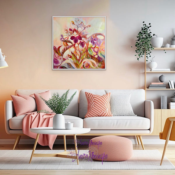 introspection semi abstract flower painting of autumn toned hydrangea by anita nowinska in magenta gold green and burnt orange