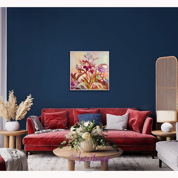 introspection semi abstract flower painting of autumn toned hydrangea by anita nowinska in magenta gold green and burnt orange