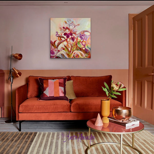 introspection semi abstract flower painting of autumn toned hydrangea by anita nowinska in magenta gold green and burnt orange