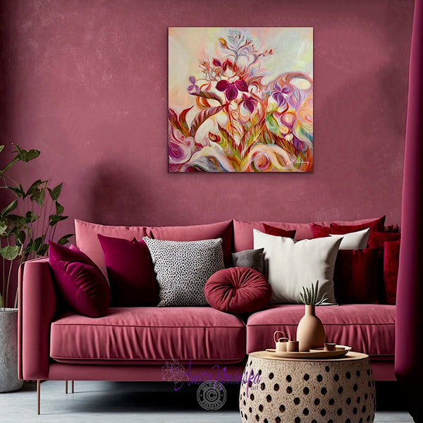 introspection semi abstract flower painting of autumn toned hydrangea by anita nowinska in magenta gold green and burnt orange