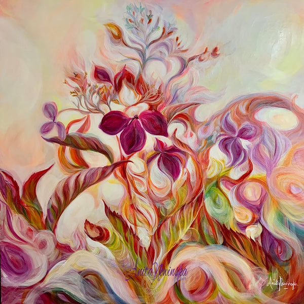 introspection semi abstract flower painting of autumn toned hydrangea by anita nowinska in magenta gold green and burnt orange