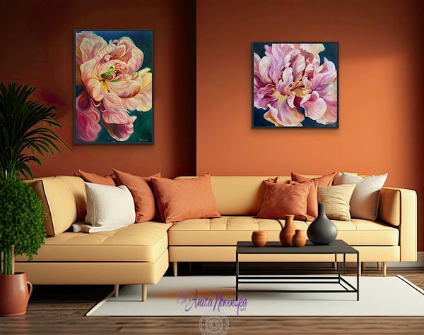 beautiful big flower painting of a le belle epoque tulip in full bloom by anita nowinska with warm gold pink and magenta tones and teal