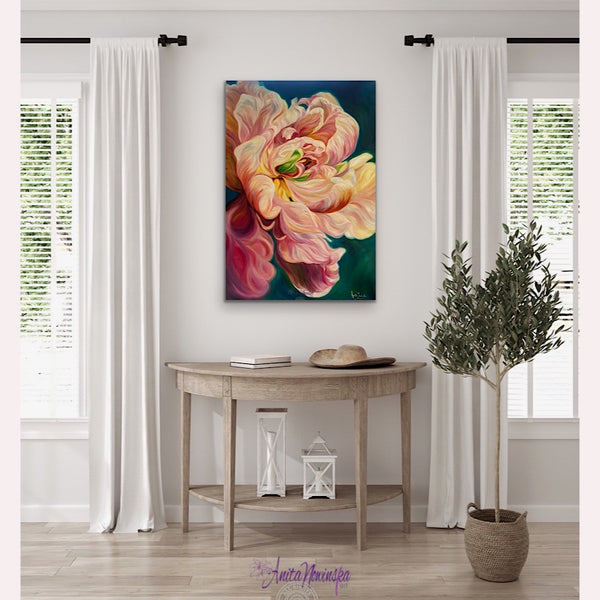 beautiful big flower painting of a le belle epoque tulip in full bloom by anita nowinska with warm gold pink and magenta tones