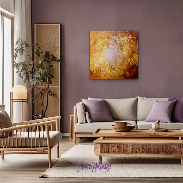 original oil painting of golden acer leaves in autumn by anita nowinska