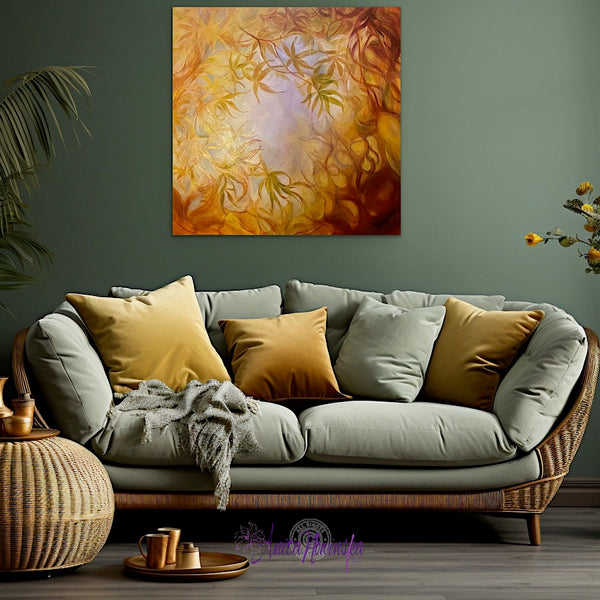 original oil painting of golden acer leaves in autumn by anita nowinska