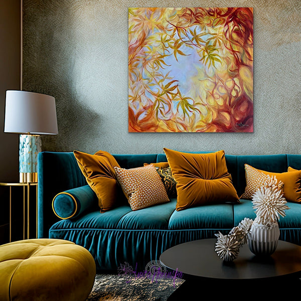 original oil painting of golden acer leaves in autumn by anita nowinska