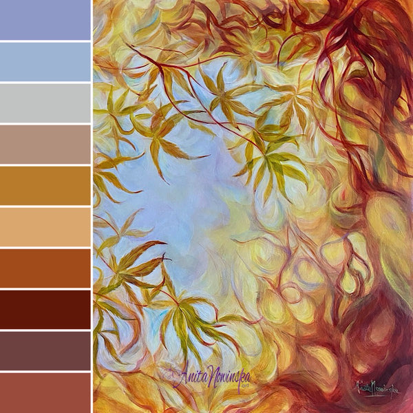 original oil painting of golden acer leaves in autumn by anita nowinska