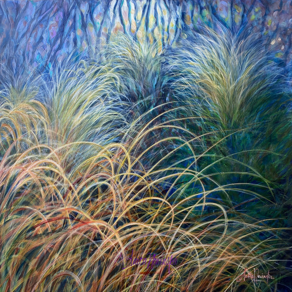 original painting of autumn grasses in a wilderness garden by anita nowinska in teal dark blue navy and green