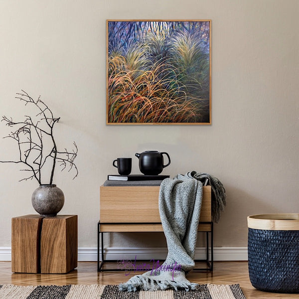 original painting of autumn grasses in a wilderness garden by anita nowinska in teal dark blue navy and green in hallway decor