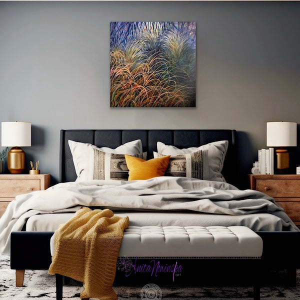 original painting of autumn grasses in a wilderness garden by anita nowinska in teal dark blue navy and green in bedroom interior decoe