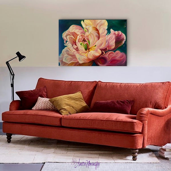 beautiful big flower painting of a le belle epoque tulip in full bloom by anita nowinska with warm gold pink and magenta tones and teal