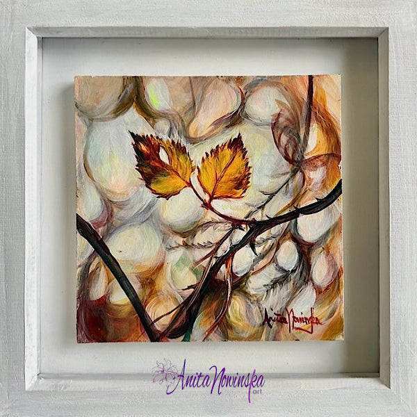 small framed miniature paintings of autumn hedgerows, golden autumn leaves and brable by Anita Nowinska contemporary art