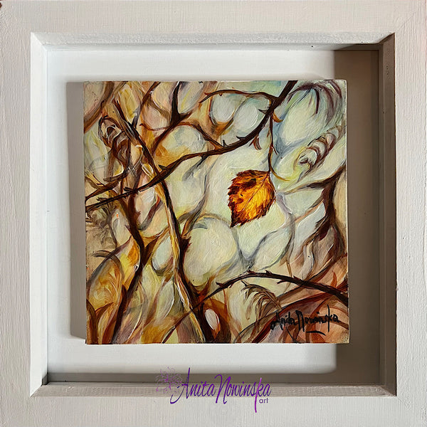 small framed miniature paintings of autumn hedgerows, golden autumn leaves and brable by Anita Nowinska contemporary art