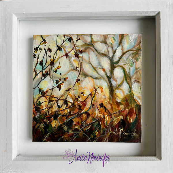 small framed miniature paintings of autumn hedgerows, golden autumn leaves and brable by Anita Nowinska contemporary art