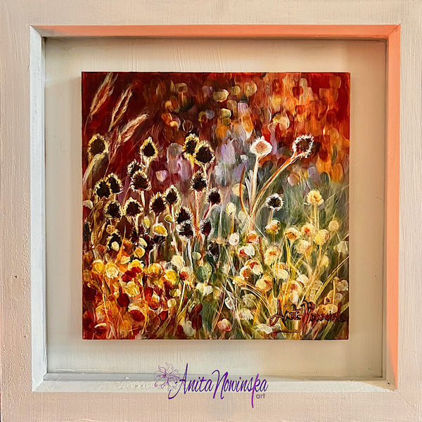 small framed miniature paintings of autumn seedheads in a meadow by Anita Nowinska contemporary art