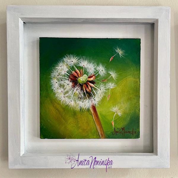 small framed miniature paintings of a dandelion clock seedheads in a meadow by Anita Nowinska contemporary art