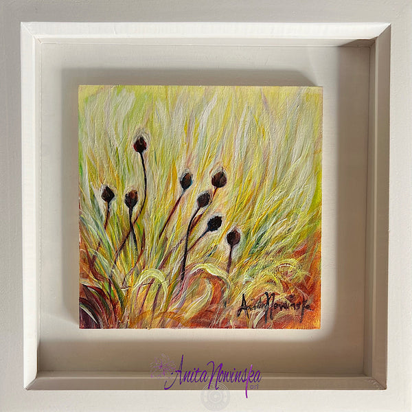small framed miniature paintings of autumn seedheads in a meadow by Anita Nowinska contemporary art