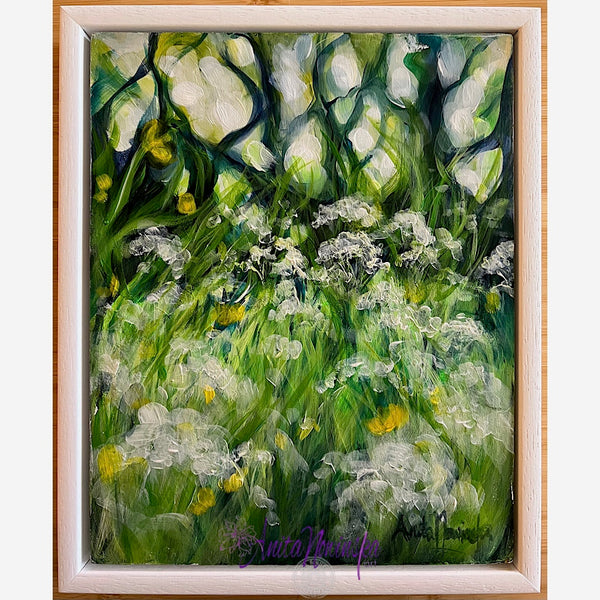 small green meadow painting with wild carrot flowers by anita nowinska art