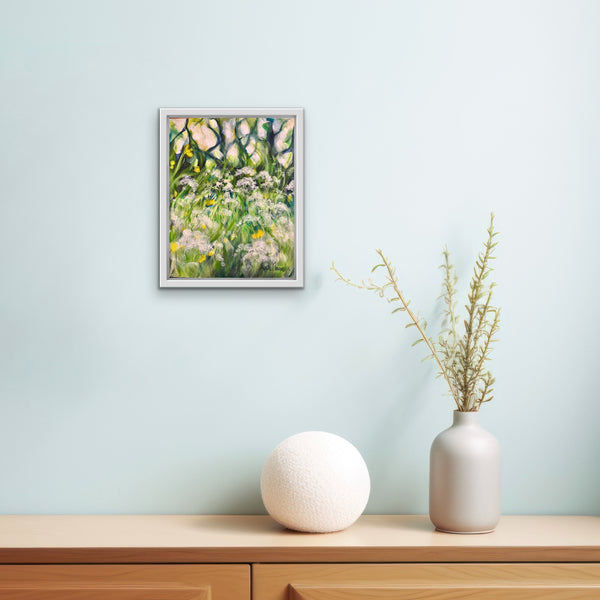 small green meadow painting with wild carrot flowers by anita nowinska art