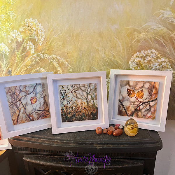 small framed miniature paintings of autumn hedgerows, golden autumn leaves and brable by Anita Nowinska contemporary art
