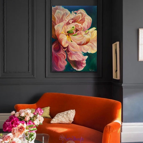 beautiful big flower painting of a le belle epoque tulip in full bloom by anita nowinska with warm gold pink and magenta tones and teal