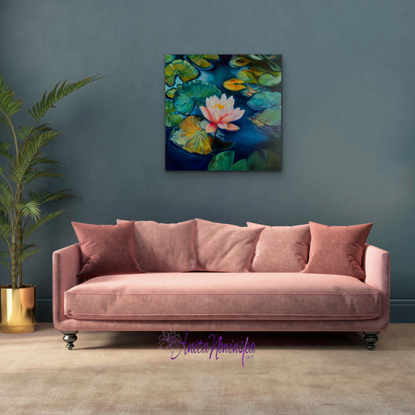 unity is an oil on panel big flower painting of a pink water lily on a deep navy pond with lily pads by Anita Nowinska