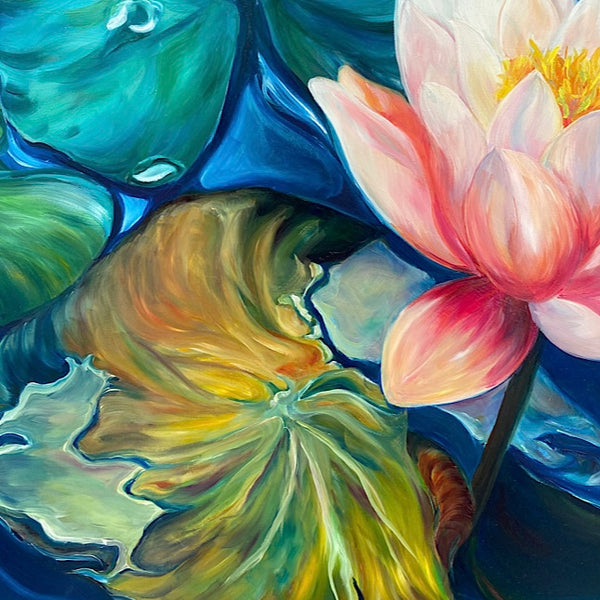 unity is an oil on panel big flower painting of a pink water lily on a deep navy pond with lily pads by Anita Nowinska