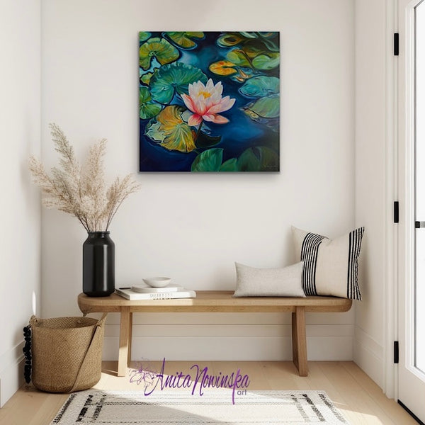 unity is an oil on panel big flower painting of a pink water lily on a deep navy pond with lily pads by Anita Nowinska