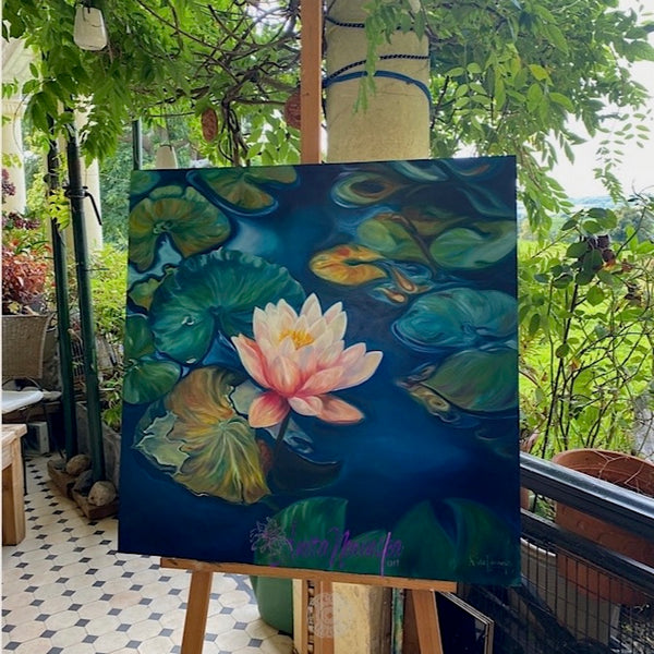 unity is an oil on panel big flower painting of a pink water lily on a deep navy pond with lily pads by Anita Nowinska