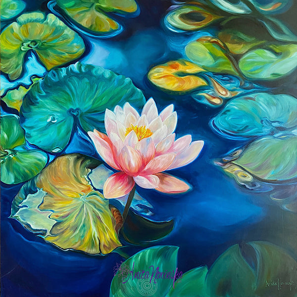 unity is an oil on panel big flower painting of a pink water lily on a deep navy pond with lily pads by Anita Nowinska