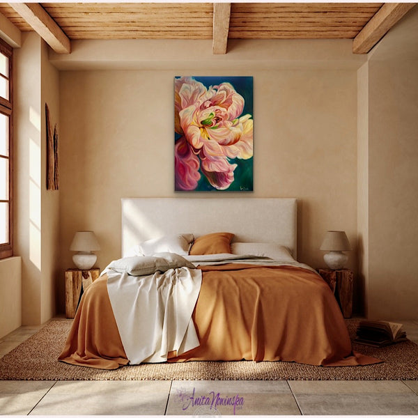 beautiful big flower painting of a le belle epoque tulip in full bloom by anita nowinska with warm gold pink and magenta tones and teal