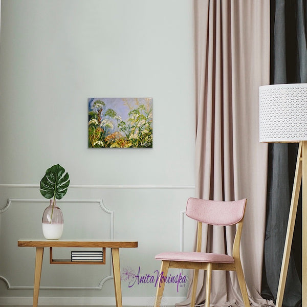 whispers is a small original oil painting of wild flowers cow parsley alexanders and grasses in blue grey white green and gold tones by Anita Nowinska.JPEG