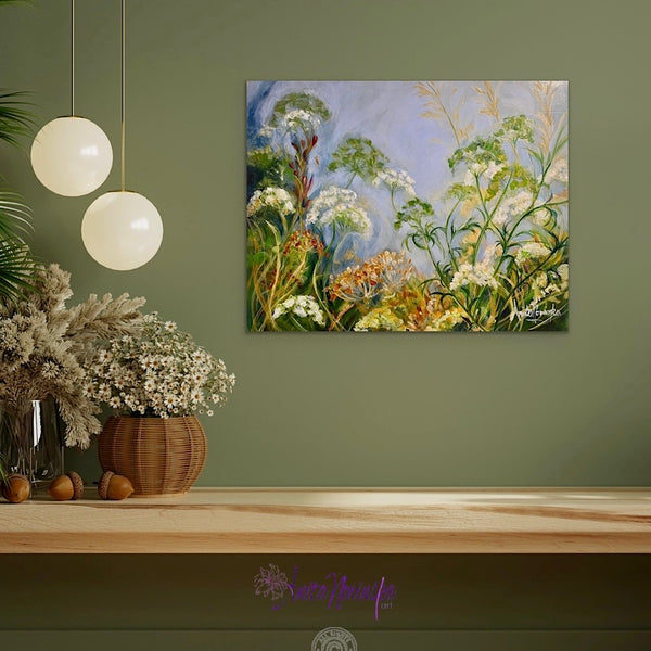 whispers is a small original oil painting of wild flowers cow parsley alexanders and grasses in blue grey white green and gold tones by Anita Nowinska.JPEG