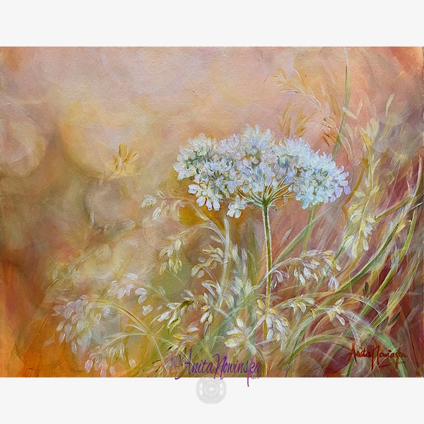 wild flower meadow painting by anita nowinska with cow parsley at golden hour