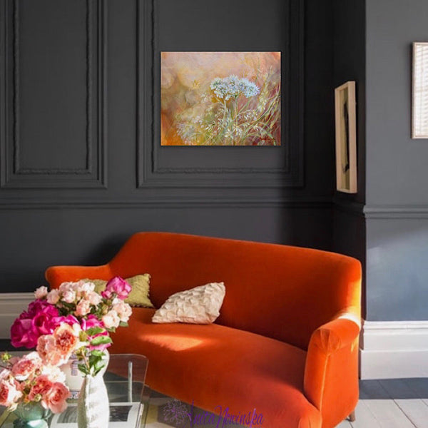 wild flower meadow painting by anita nowinska with cow parsley at golden hour
