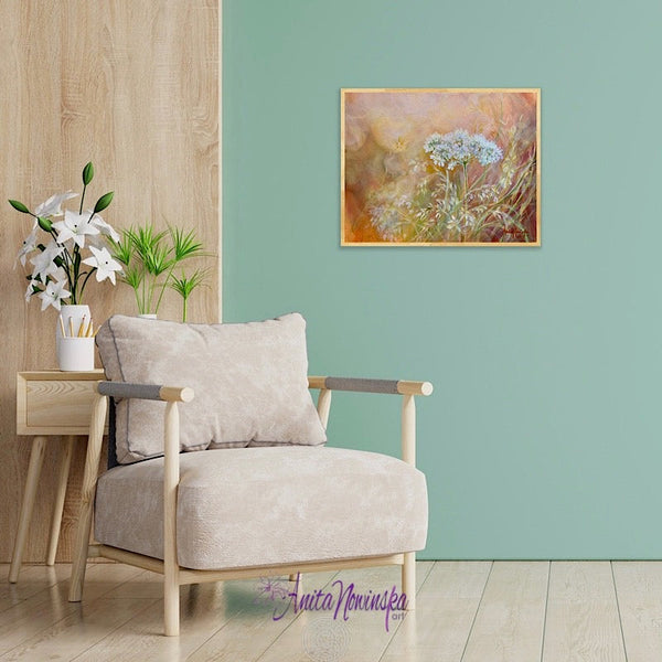 wild flower meadow painting by anita nowinska with cow parsley at golden hour